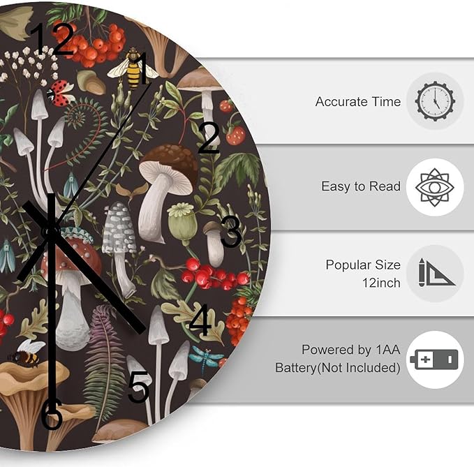 Botanical Wall Clock, Vintage Cartoon Abstract Botanical Mushroom Plants Pattern Round Clocks Wall Decor Silent No Ticking 12 Inch Wooden Clock for Bedroom Living Room Home Office