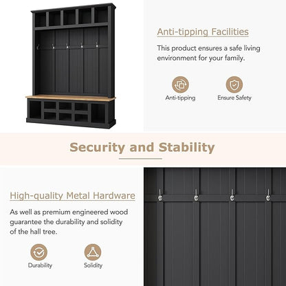 Farmhouse Wood Hall Tree with Bench and Shoe Storage, 5-in-1 Coat Rack with 6 Hooks for Entrance, Hallway Black