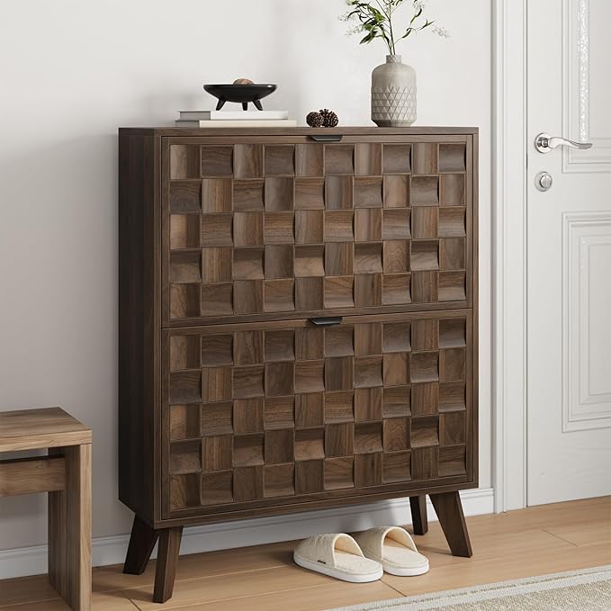29.5“W Shoe Cabinet with 2 Embossed Checkerboard Pattern Flip Drawers, Freestanding Shoe Storage Cabinet with Solid Wooden Legs, Hidden Shoe Organizer for Entryway, Hallway, Walnut