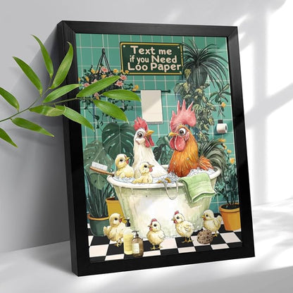 Funny Chicken Bathing And Playing Bathroom Wall Decor-Cute Poultry Farmhouse Decor, Framed Animal Wall Decor For Bathroom Washroom Restroom Decor Rustic Humor Wall Poster (Black Framed) 12x16 Inch
