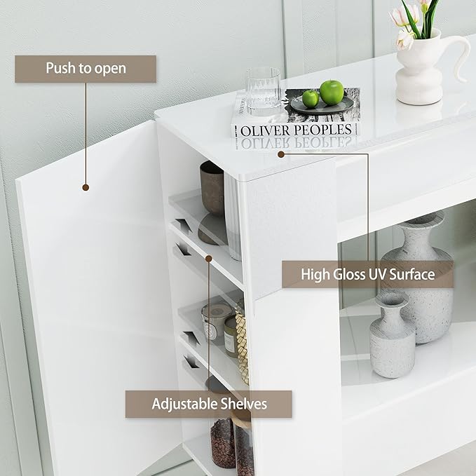 High Gloss Console Table with Hidden Side Storage Cabinets, Adjustable Shelves, Modern Entryway Sofa Table for Behind The Couch, Living Room, Hallway, White
