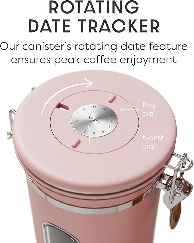 Veken Coffee Canister with Window, Airtight Stainless Steel Kitchen Food Storage Container with Lids, Date Tracker and Scoop for Ground, Beans, Tea, Flour, Cereal, Sugar Jars, 22OZ, Pink