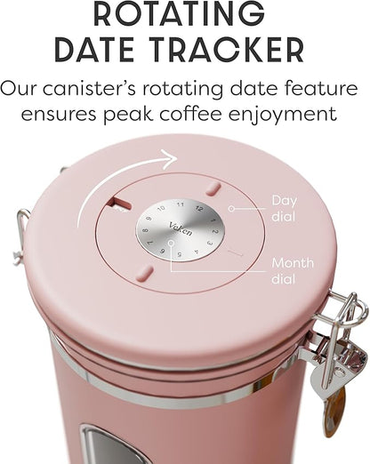 Veken Coffee Canister with Window, Airtight Stainless Steel Kitchen Food Storage Container with Lids, Date Tracker and Scoop for Ground, Beans, Tea, Flour, Cereal, Sugar Jars, 22OZ, Pink