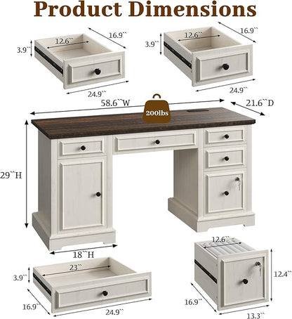 Vipbear 59" Executive Desk, Farmhouse Computer Desk with Drawers, Lockable File Drawer, Storage Cabinet & Power Outlet, Rustic Home Office Desks, Workspace for Work Study Writing, White