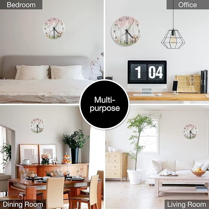 Forest Wall Clock Silent Non Ticking Battery Operated, Cartoon Nature Forest Flower Animal Bear, Deer, Fox, Rabbit Clock Decorative for Bathroom Kitchen Bedroom Living Room(12 Inch)