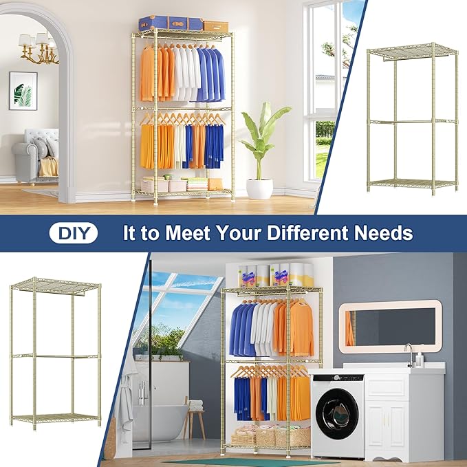 Ulif E12 Clothes Rack，Heavy Duty Freestanding Garment Rack with Shelves，Metal Clothing Closet Storage System for Hanging Clothes，71" W x 16" D x 76.5" H, Hold 960 lbs，Gold
