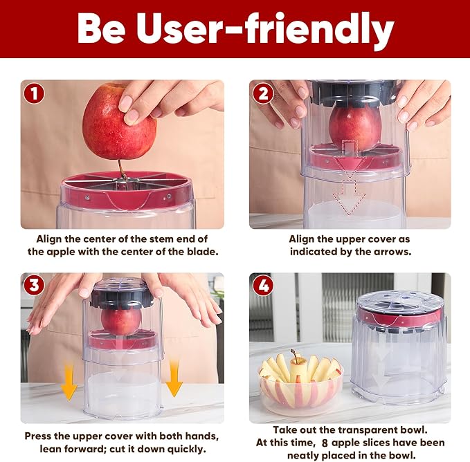 OOKUU 5.12-Inch Professional Apple Slicer, 8-Slice Heavy Duty Stainless Steel Apple Cutter with Clear Bowl, Extra Large Corer for Apples, Safe Full-Cut Design