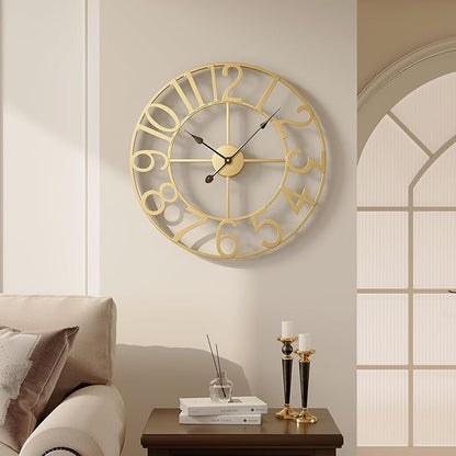 Cuspin Large Wall Clock 24 Inch Gold, Decorative Wall Clocks Battery-Operated, Modern Metal Round Clock Silent Non Ticking Arabic Numerals for Living Room Kitchen Mantel Bedroom Office Decor
