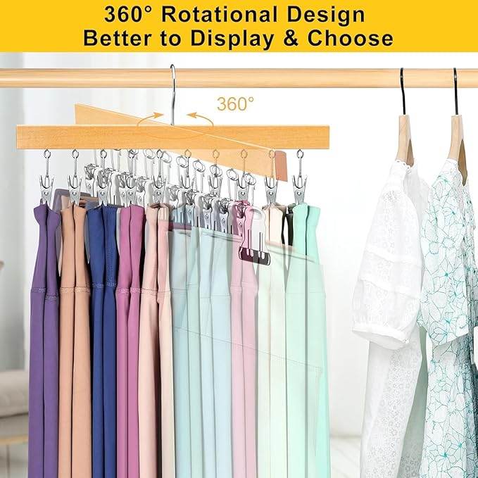 Legging Organizer for Closet, Pants Hangers with Clips Holds 20 Leggings, Jeans, Hats, Shorts, Socks, 360° Rotating Space Saving Hanging Clothes Organizer for Closet Organizers and Storage 4Pcs Wood