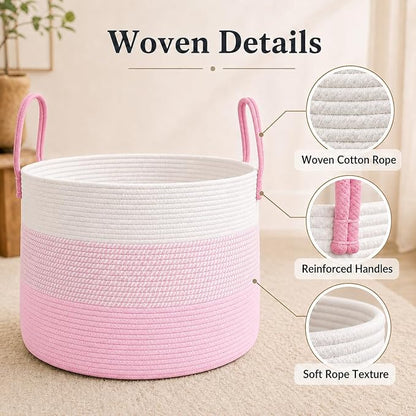 JMvicyroam 115L Extra Large Blanket Basket for Living Room - Woven Cotton Rope Laundry Hamper with Reinforced Handles - Storage Bin for Pillows, Comforters & Toys - Machine Washable,White&Pink Mix