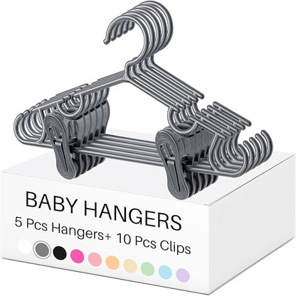 Hsei 5/10/40 Pack Baby Hangers with 10/20/80 Clips, Plastic Kids Pants Hangers for Nursery Closet Top and Bottom Clothes Hanger Set for Newborn Infant Toddler(15 Packs Total,Gray,10.6 Inch)