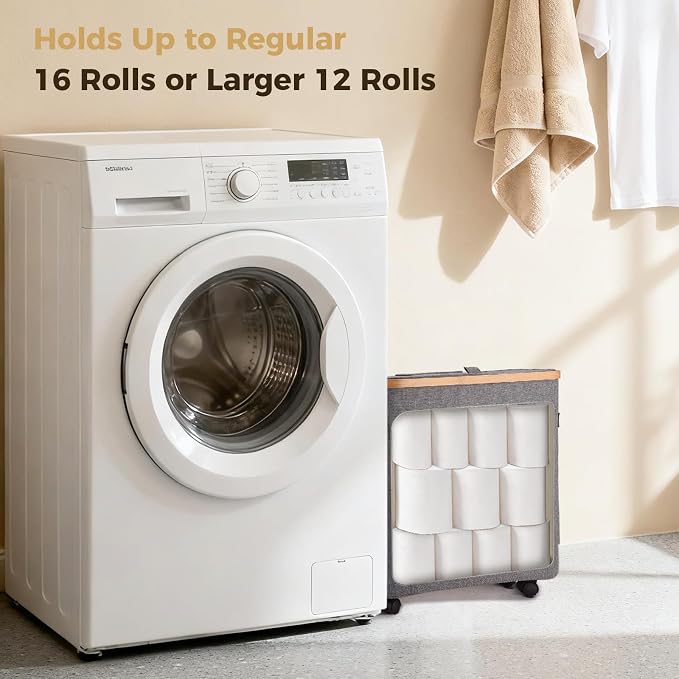 Toilet Paper Storage Organizer with Lid and Wheels, 33L Slim Bathroom Hamper - Holds 16 Rolls, Mobile Laundry Basket for Bathroom, Bedroom, Dorm, Foldable & Waterproof (Grey)