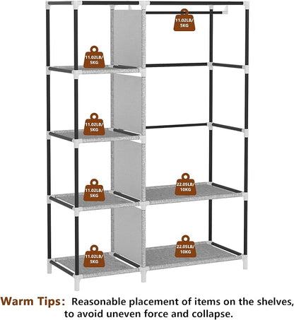 Calmootey Portable Closet Organizers, Clothing Storage, Wardrobe with 6 Shelves and Hanging Rod, Non-Woven Fabric Cover with 4 Side Pockets, Ash Grey
