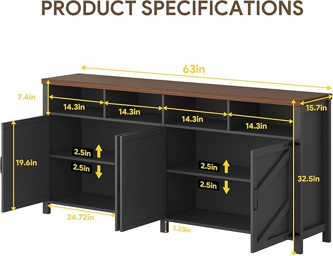 63'' Buffet Sideboard with Storage Farmhouse with 4 Doors, Large Kitchen Storage Cabinet Wood Coffee Bar Cabinet Buffet Table with Shelves for Kitchen, Dining Room, Entryway