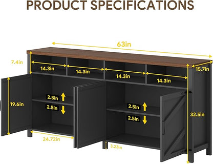 63'' Buffet Sideboard with Storage Farmhouse with 4 Doors, Large Kitchen Storage Cabinet Wood Coffee Bar Cabinet Buffet Table with Shelves for Kitchen, Dining Room, Entryway