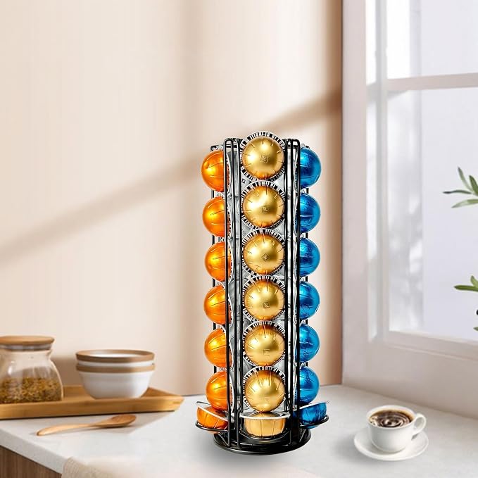 Nespresso Vertuo Pods Holder 360° Spinning Coffee Pod Holder for 35 Vertuo Pods, No Assembly Required, Space-Saving Coffee Station Accessories & Nespresso Storage for Countertop, Sleek Black