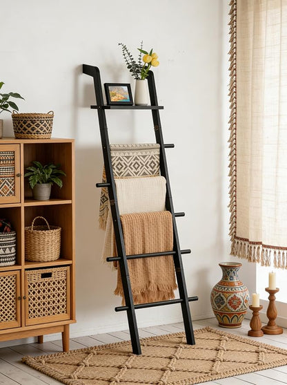 Black Blanket Ladder with Top Shelf for the Living Room - 67in Decorative Wooden Blanket Holder, 5 Tier with Side Hooks for Hanging - Rustic Farmhouse Towel Ladder Throw Rack for Organizer and Display