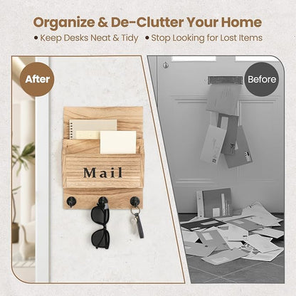 Mail and Key Holder - Decorative 8.86" x 11.42" Wall Key Hanger with 2 Mail Organizer Slots and 3 Hooks - Real Paulownia Wood with Keyhole Brackets, Hardware and Instructions (Wood)