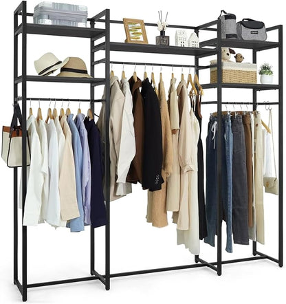CAPHAUS 913lbs Capacity Garment Rack for Hanging Clothes, Heavy Duty Open Wardrobe w/Hanging Rods, Free Standing Closet Organizer, Clothing Rack, Metal Closet w/Wooden Boards, Black Vintage Board