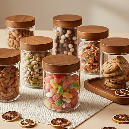 Bumobum 16 oz Overnight Oats Containers with Lids, Glass Mason Jars with Acacia Wood Airtight Lid, Wide Mouth Glass Canisters for Food Storage Chia Pudding Snacks Yogurt Spice Meal Prep, 4-Pack