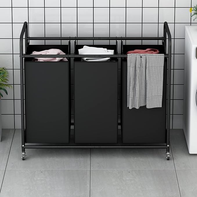 LINZINAR 3-Bag Laundry Basket, Black Laundry Hamper, Laundry Sorter Cart Laundry Room Organization with Heavy Duty Rolling Lockable Wheels and Removable Bags (135 L, 35.6 Gal)
