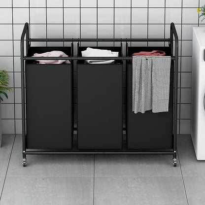 LINZINAR 3-Bag Laundry Basket, Black Laundry Hamper, Laundry Sorter Cart Laundry Room Organization with Heavy Duty Rolling Lockable Wheels and Removable Bags (135 L, 35.6 Gal)