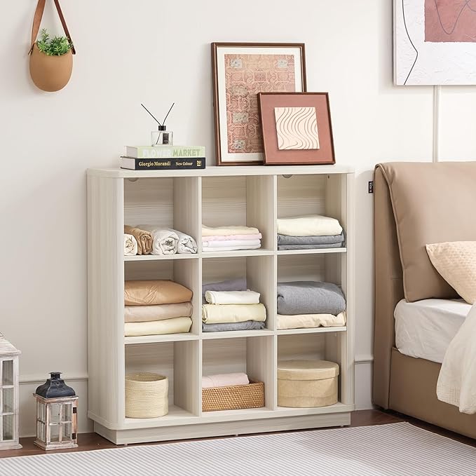 9 Cube Storage Book Shelf, 41" Tall Organizer Bookcase with Curved Edge, Wood Floor Standing 3-Tier Cubby Bookshelf with Base, Vintage Display Book Case for Bedroom,Office,Grey-White Cream Oak