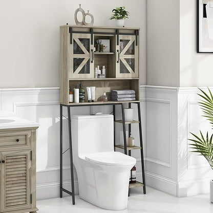 Vabches Over The Toilet Storage Cabinet, Farmhouse Storage Cabinet Over Toilet with Sliding Barn Door，Home Space-Saving Toilet Rack, for Bathroom, Restroom, Laundry(Grey).