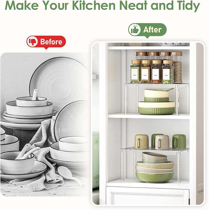 Delamu Cabinet Shelves, Clear Stackable Acrylic Storage Risers with Heavy Duty Support, Cabinet Organizer Shelf for Spices, Seasonings, Jars, Pantry, Kitchen Counter, Easy Assembly