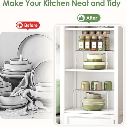 Delamu Cabinet Shelves, Clear Stackable Acrylic Storage Risers with Heavy Duty Support, Cabinet Organizer Shelf for Spices, Seasonings, Jars, Pantry, Kitchen Counter, Easy Assembly