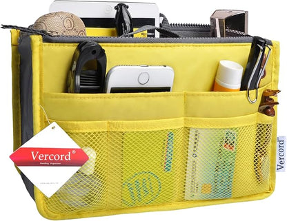 Vercord Purse Organizer Insert for Handbags Bag Organizers Inside Tote Pocketbook Women Nurse Nylon 13 Pockets Yellow Small