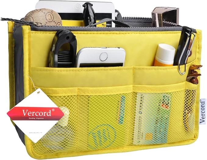 Vercord Purse Organizer Insert for Handbags Bag Organizers Inside Tote Pocketbook Women Nurse Nylon 13 Pockets Yellow Large
