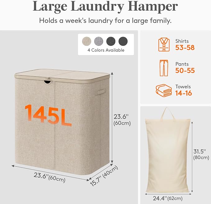 Lifewit 145L Large Laundry Basket with Lid, Laundry Hamper with Plastic Handles and Removable Bag, Foldable Tall Dirty Clothes Hampers for Laundry for Laundry Room, Bedroom, Bathroom, Dorm, Beige