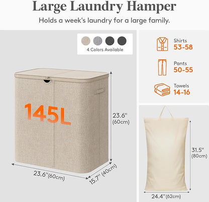 Lifewit 145L Large Laundry Basket with Lid, Laundry Hamper with Plastic Handles and Removable Bag, Foldable Tall Dirty Clothes Hampers for Laundry for Laundry Room, Bedroom, Bathroom, Dorm, Beige