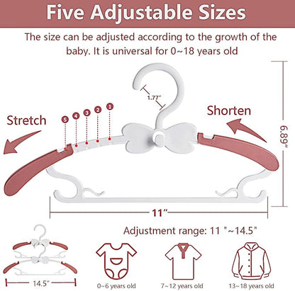 Baby Hangers for Closet, Adjustable Kid's Hangers for Nursery, Toddler, Child Clothe, Everyday Standard Use, Cascading Plastic Hanger Ideal for Girl Dress, Clothing, Pant, Coat, Red & White, 20 Pack