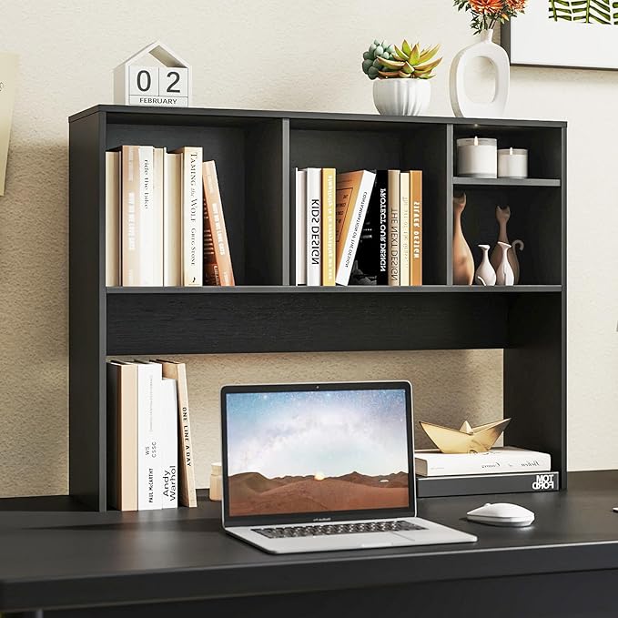 Desk Hutch, Desktop Shelf with 4 Shelves, Desk Bookshelf w/Anti-Toppling Devices, Wood Table Top Bookshelf Organizer, Small Desk Shelf for Study, Office, Dorm (Black, 4 Shelves)