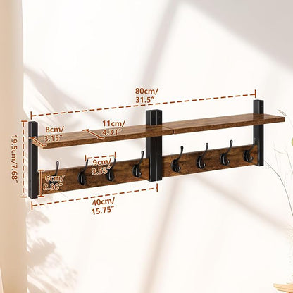 YMYNY Coat Rack Shelf Wall Mounted, Coat Hooks Set of 2, Entryway Coat Hanger with 8 Hooks, 31.5" Wall Floating Shelf with Hat Rack, for Kitchen, Bedroom, Bathroom, Rustic Brown UHWS001H-2