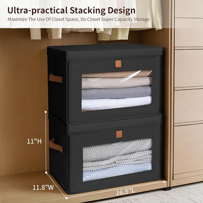 Homsorout Large Closet Storage Bins - Collapsible Clothes Organizer with Handles & Window, Decorative Boxes with Lids, Linen Closet Organizers for Living Room, Dorm, 5 Pack, Black