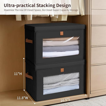 Homsorout Collapsible Storage Bins - Large Stackable Organizer Bins, Decorative Boxes with Handles & Window, Fabric Containers for Living Room, Closet, Dorm, 6 Pack, Black