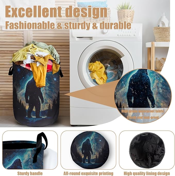 Bigfoot Mountains Laundry Basket, Foldable Waterproof Laundry Hamper Tote Bag Dirty Clothes Storage Bucket Toy Organizer for Bathroom/Laundry/Bedroom 15.7"x19.6"