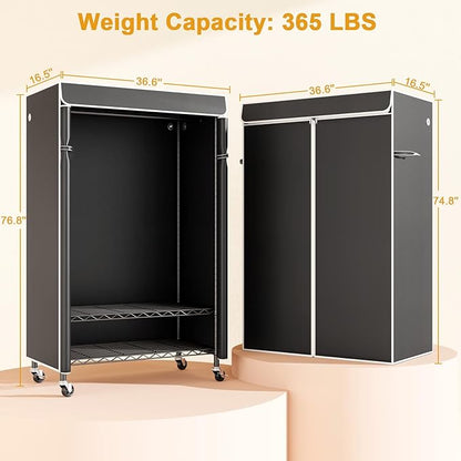 P6C Rolling Clothes Rack with Cover, Covered Clothing Racks Heavy Duty, Portable Closet for Hanging Clothes, Garment Racks on Wheels, Black Closet Rack with Black Cover, Max Load 365LBS