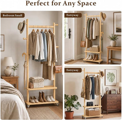 Taitiy Coat Rack Freestanding Clothing Rack with Wheels & 2 Shelves Storage & 5 Hooks Heavy Duty Clothes Rack Wood Coat Tree Stand Hat Hanger Rack for Corner Bedroom Entryway Living Room Hotel Size L