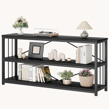 LVB Black Entryway Table, Modern Extra Long Sofa Console Table, Metal Wood Narrow Hallway Table with Storage Shelves, Industrial Skinny Foyer Couch Tables for Living Room Bedroom, Black Oak, 70 Inch