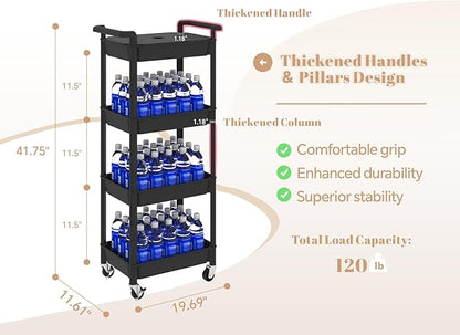MIOCASA Utility Rolling Cart with Detachable Tray Top, 4-Tier Kitchen Storage Organization, Art Cart with Wheels for Office, Classroom, Livingroom, Kitchen, Bathroom (Black, 4-Tier-Plastic)
