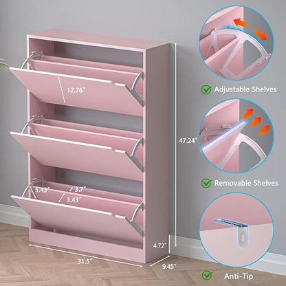 BORNOON Shoe Cabinet with 3 Flip Drawers, Hidden Wood Shoe Cabinet,Freestanding Shoe Storage Cabinet for Entryway Hallway.White. 47.2" H*31.5" W*9.45" D (Pink)