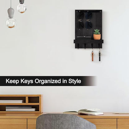 Key Holder Wall Mount, Key Holder for Wall with 4 Hooks, Farmhouse Key Hanger Holds Dog Leash, Sunglasses – Decorative Mail Organizer Home Decor (Black)