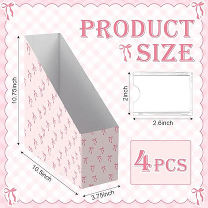 AmazingSpark Set of 4 Pink Bow Magazine File Holder Decorative Foldable Cardboard Magazine Storage Boxes with Acrylic Label Holders Coquettish Boho Organizer for Office Home Organization Storage