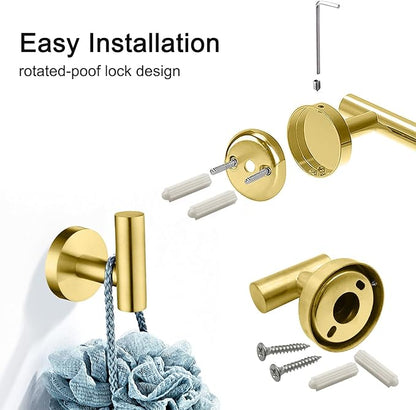 Bathroom Hardware Set, 7 Pcs Bathroom Towel Rack Stainless Steel Bath Hardware Kit Including 16" Hand Towel Bars, Toilet Paper Holders, Towel Rings, Robe Towel Hooks (Gold)