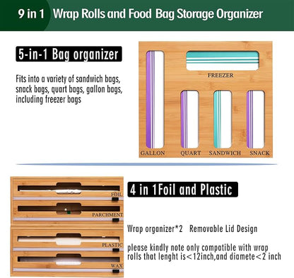 9 In 1 Storage Bag Organizer And Plastic Wrap Dispenser With Cutter, Bamboo Foil and Plastic Wrap Organizer