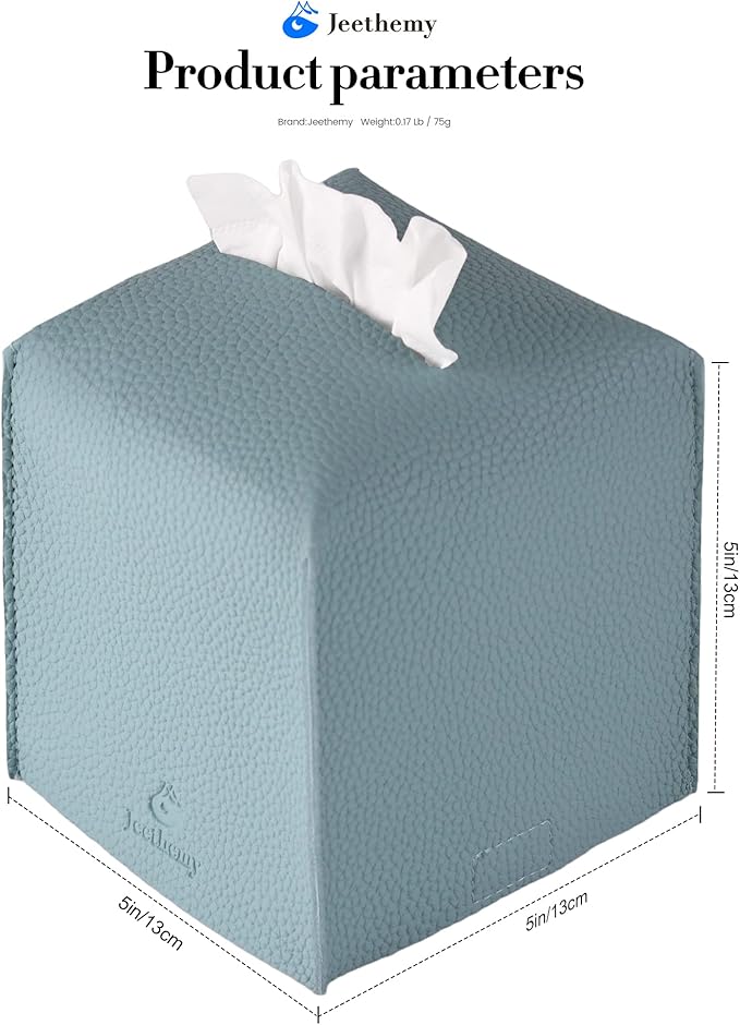 Tissue Box Cover, Jeethemy Square PU Leather Tissue Box Holder, Modern Tissue Case Facial Paper Organizer Dispenser，5X5X5'',Double Blue